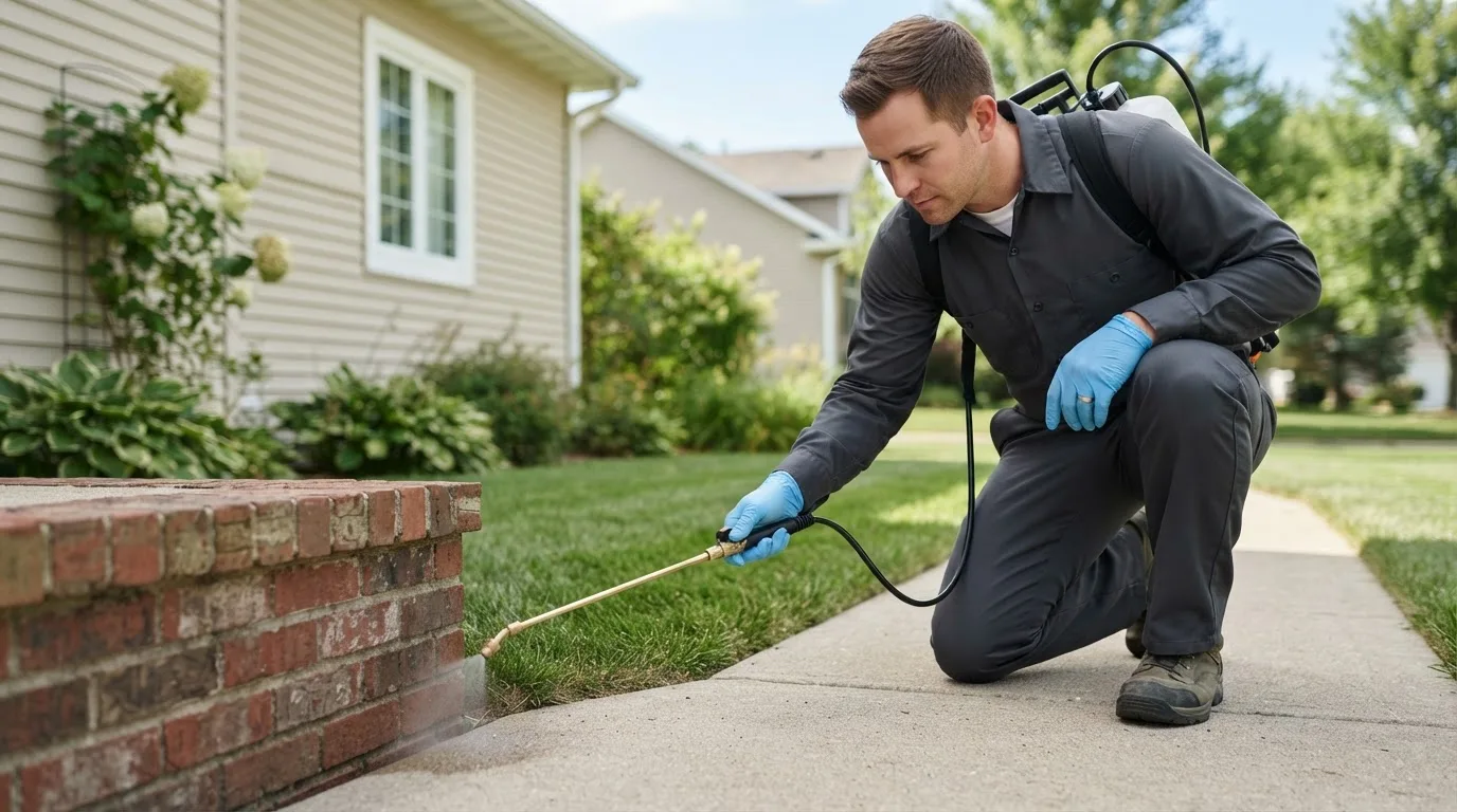 Pest control technician treating a home near Ho Ho Kus, NJ